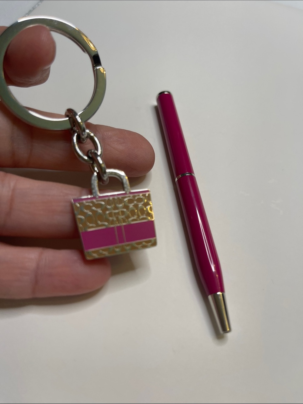 Coach Silver-tone Pink Enamel Handbag Keychain and Coach Pen